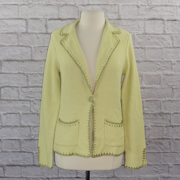 Vintage White Warren Knit Chartreuse Cardigan Cotton Sweater - Picture 1 of 7